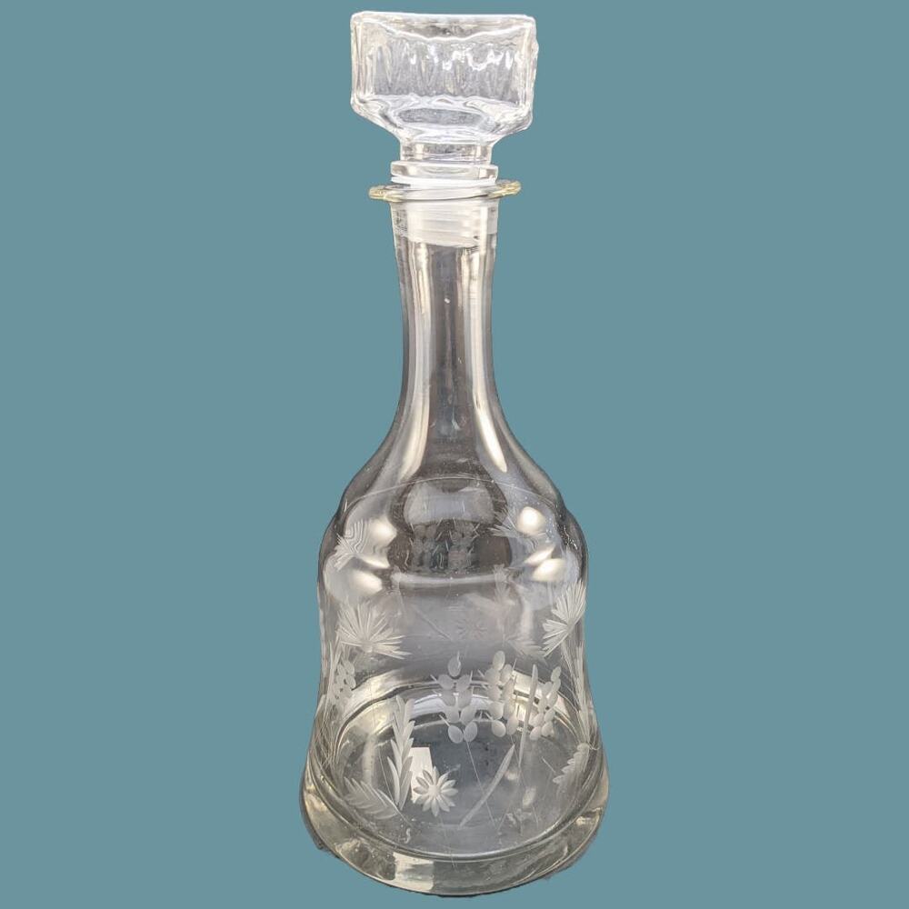 Vintage Mid Century Bell Shaped Crystal Decanter with Botanical Etchings